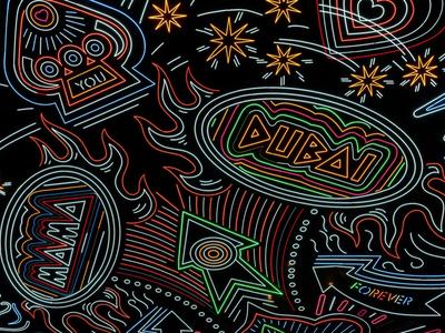 Buntes Neon-Graffiti mit abstrakten Formen, Herzen, Sternen und Worten auf schwarzem Hintergrund.