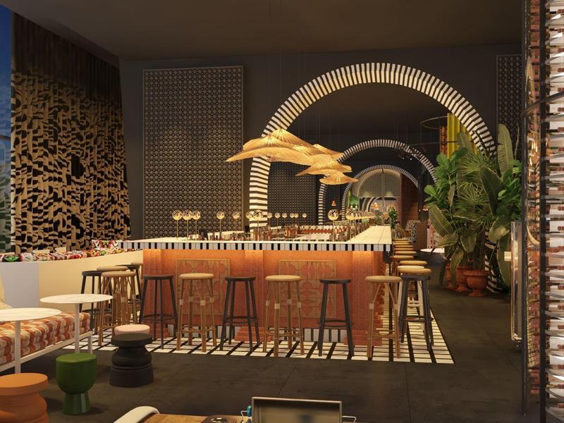 Elegant hotel bar with wooden counter, stools, plants, and modern lighting.