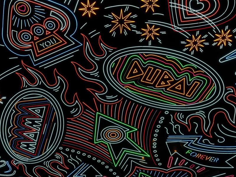 Colorful neon-style abstract line drawings on a black background with words like Dubai, Home, and Relax.