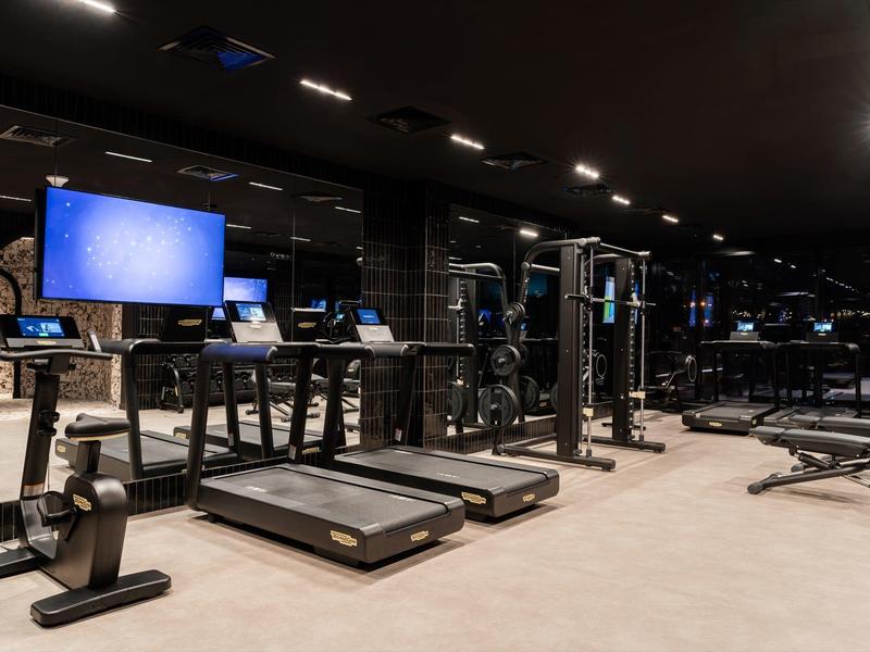 Modern gym equipment with rowing machine, treadmills, and weights in a hotel setting.