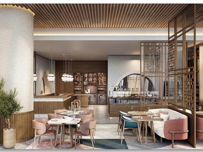 Modern hotel restaurant area with elegant furniture, wooden ceiling, and stylish decorations.
