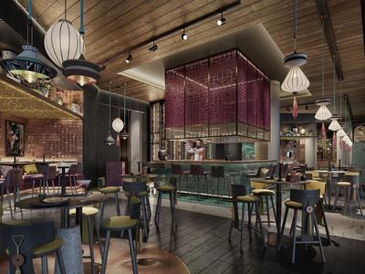 Modern hotel bar area with wooden ceiling, stools, and unique lamps in a warm ambiance.