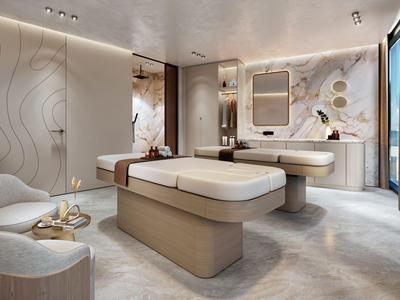 Moderne wellnessruimte met twee behandelbedden, accentverlichting en stijlvolle details.