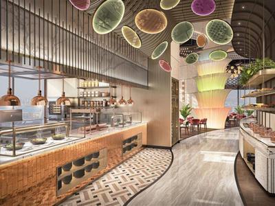 Modern buffetrestaurant met verlichte plafonddecoraties en elegant toonbankontwerp.