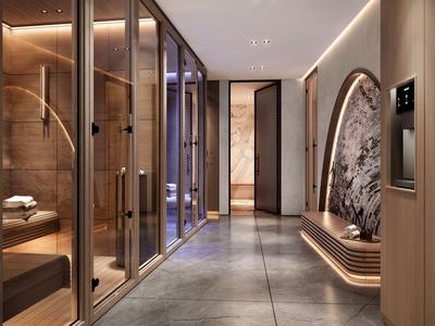 Moderne spa met sauna en elegante marmeren decoratie aan de wand.