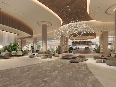 Großzügige Hotel-Lobby mit modernen Möbeln, Beleuchtung und Pflanzen.