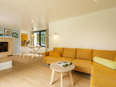 Světý obývací pokoj se žlutou pohovkou, malým dřevěným stolkem a otevřeným jídelním koutem s oknem.