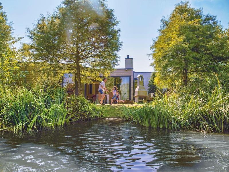 Malý dům u rybníka obklopený stromy a trávou pod modrou oblohou.