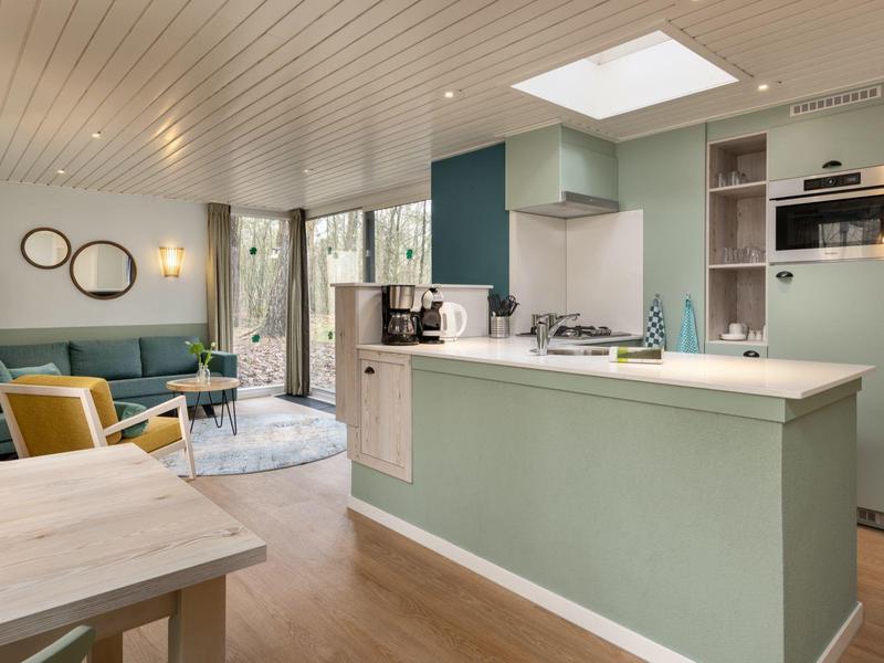Moderní obývací pokoj a kuchyň s zeleným nábytkem a spoustou denního světla.