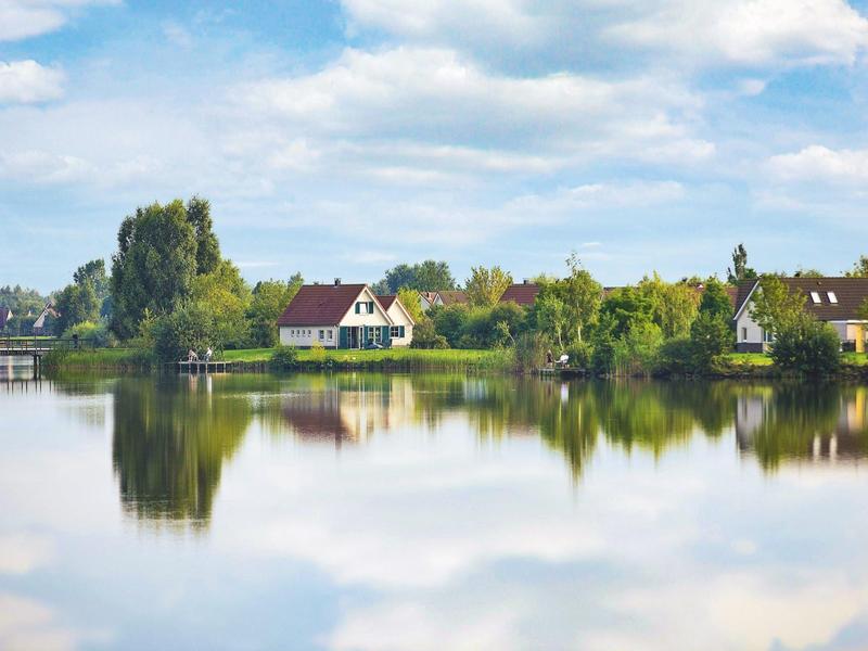 Krajina s domy a stromy u klidného jezera za denního světla