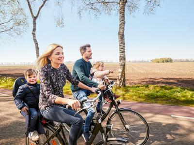 Familie mit zwei Kindern fährt bei sonnigem Wetter gemütlich Fahrrad auf einem Landweg.