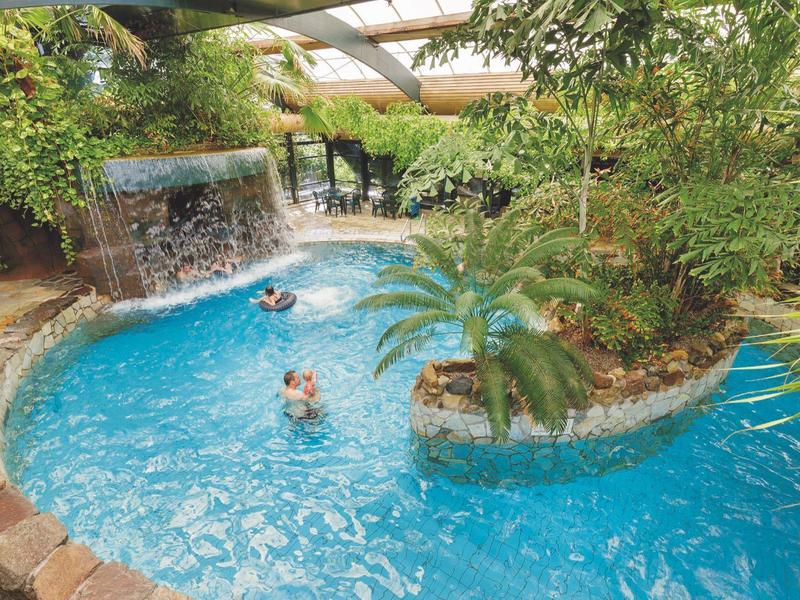 Piscina interna con cascata e piante tropicali, ospiti che nuotano.