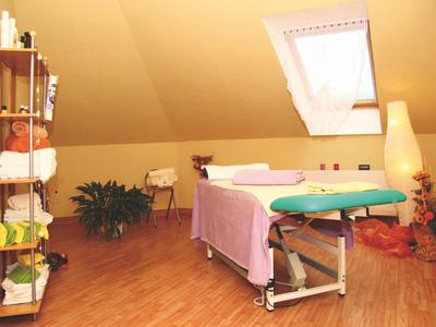 Jasno oświetlone pomieszczenie spa z stołem do masażu, roślinami i półkami na poddaszu.