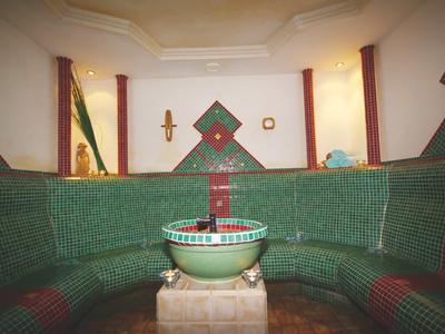 Wnętrze łaźni parowej pokrytej zielonymi mozaikami z umywalką na środku.