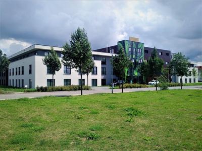 Modernes Hotelgebäude mit Rasenfläche und mehreren Bäumen bei bewölktem Himmel.