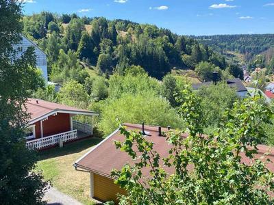 Ländliche Landschaft mit Häusern, grünen Bäumen und Wald im Hintergrund unter blauem Himmel.