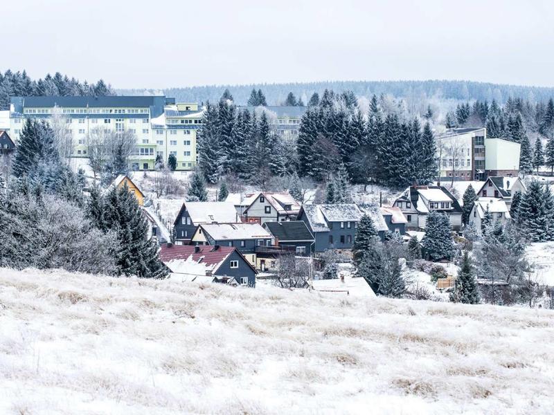 Kleines Dorf mit schneebedeckten Häusern und Wald im Hintergrund an einem bewölkten Wintertag.