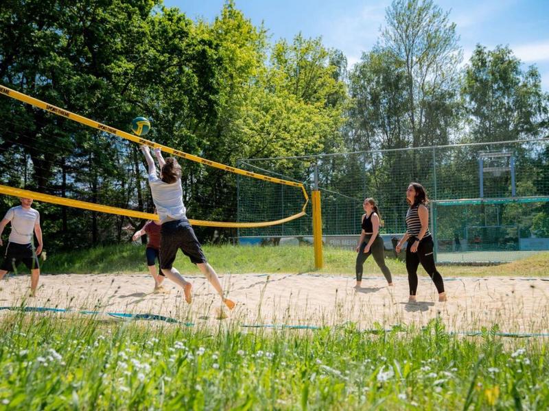 Quatre personnes jouent au volley-ball sur un terrain de sable en plein air par une journée ensoleillée.