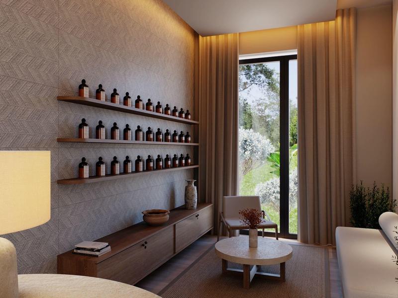 Moderne woonkamer met grote ramen, zithoek en minimalistisch dressoir.