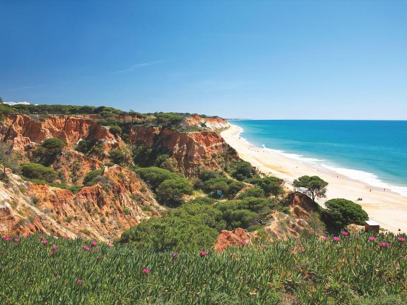 Pobřeží s červenými útesy, zeleným křovím a dlouhou písečnou pláží pod modrou oblohou.