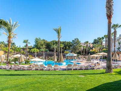 Zonnig hotelzwembad met palmbomen, groen gras, ligstoelen en parasols onder een heldere blauwe hemel.