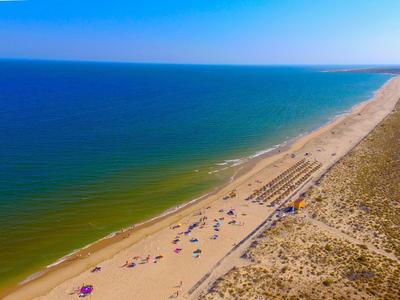 Langer Sandstrand mit Menschen, Sonnenschirmen und Dünen an einem klaren, sonnigen Tag.