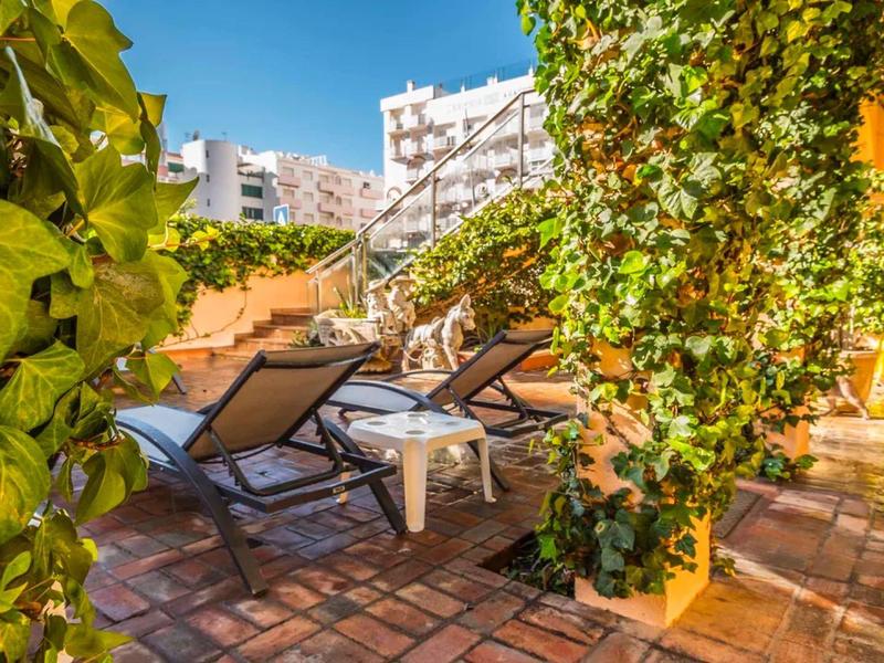 Sunny terrace with lounge chairs, plants, and buildings in the background.