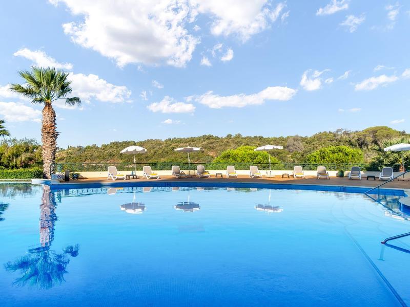 Duży odkryty basen z czystą, niebieską wodą i palmami na tle zalesionych wzgórz pod słonecznym niebem.