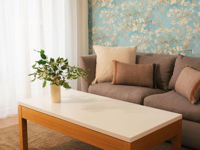 Gemütliches Wohnzimmer mit grauem Sofa, bunten Kissen und einem weißen Tisch mit Pflanze.