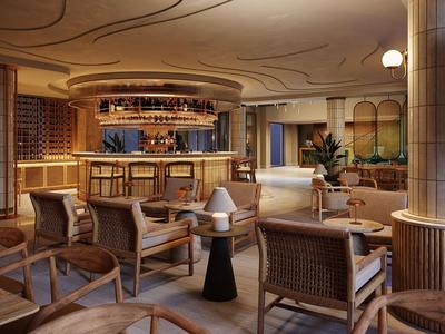 Modern eingerichtete Hotelbar mit Holzstühlen, runden Tischen und warmem Licht.