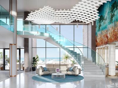 Helle Hotellobby mit moderner Treppe, großen Fenstern und künstlerischer Deckeninstallation.