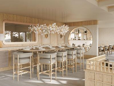 Heller, moderner Hotelbarbereich mit Holzvertäfelung, hohen Stühlen und blumiger Dekoration.