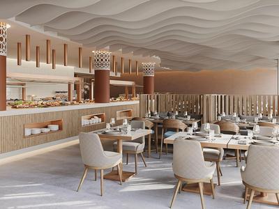 Moderner Hotelrestaurant mit hellen Tischen, gepolsterten Stühlen und wellenförmiger Decke.