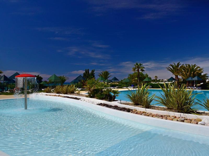 Grande piscina con acqua limpida circondata da piante tropicali e cielo blu.