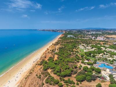 Vista aerea di una lunga spiaggia sabbiosa con foresta adiacente e strutture alberghiere lungo la costa.