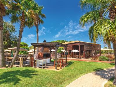 Holiday village with wooden bungalows, palm trees, and green lawn under sunny sky