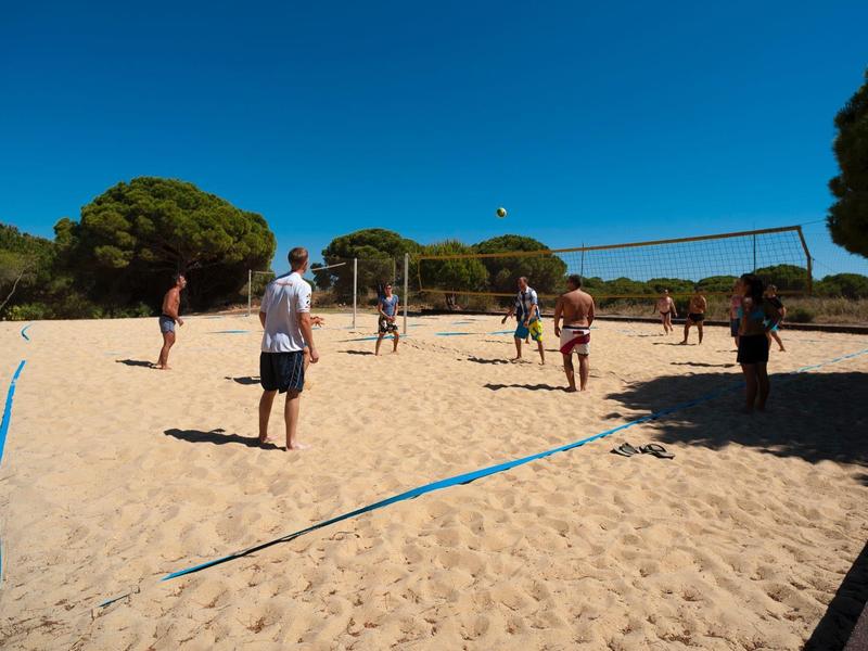 Diverse persone giocano a pallavolo su un campo di sabbia sotto un cielo azzurro limpido.