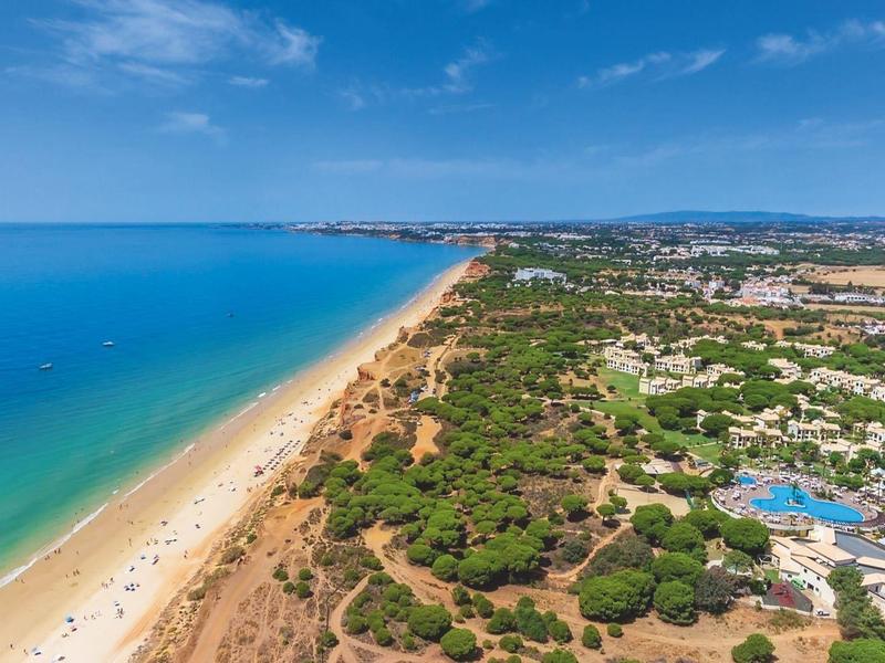 Vista aerea di una lunga spiaggia sabbiosa con foresta adiacente e strutture alberghiere lungo la costa.