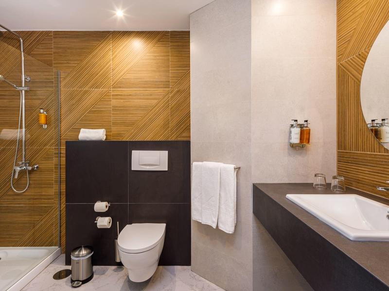 Bagno moderno in hotel con doccia, WC, lavandino, asciugamani e specchio rotondo