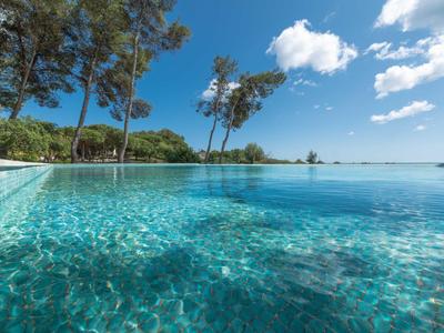 Piscina azzurra cristallina con vista sul mare e palme sotto un cielo azzurro.