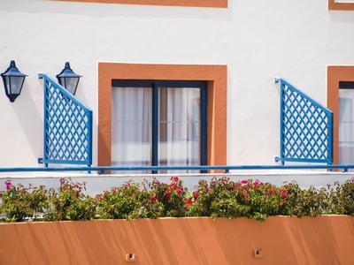 Hausfassade mit blauem Fensterladen, schwarzen Lampen und bunten Blumen im Blumentopf.