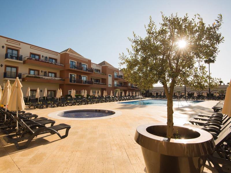 Poolbereich mit vielen Liegestühlen, Sonnenschirmen und einem Baum in großem Blumentopf.