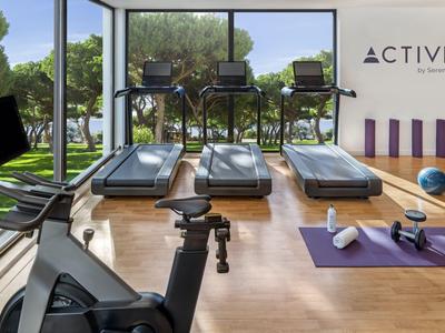 Modern fitnesscentrum met apparaten en yogamatten in lichte ruimtes met uitzicht op tuin.