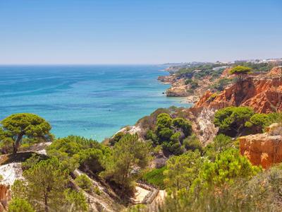 Küste mit roten Felsen, grüner Vegetation und blauem Meer unter klarem Himmel.