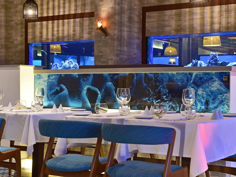 Moderne Restaurantinneneinrichtung mit weißen Tischdecken, blauen Stühlen und wandfüllendem Aquarium.
