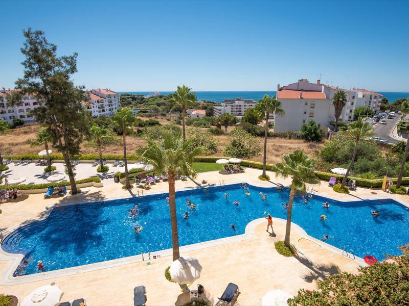 Basen na świeżym powietrzu z palmami i widokiem na morze w kurorcie.