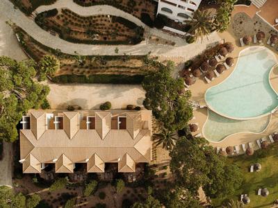 Blick von oben auf ein Hotel mit Pool und Liegestühlen in einer grünen Umgebung.
