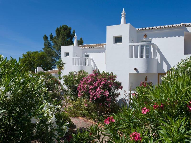 Edificio mediterraneo bianco con terrazza e cespugli fioriti sotto un cielo limpido.