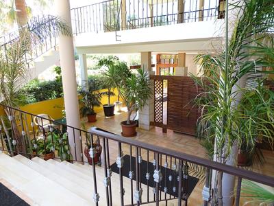 A bright indoor area with stairs, plants, and a table with chairs by a railing.