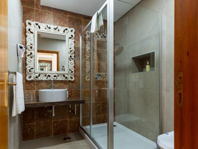 Modern bathroom with glass shower enclosure, white sink, and decorative mirror.